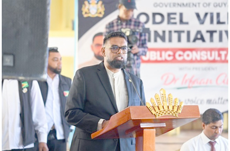 President Dr Mohamed Irfaan Ali addressing the gathering at a Model Village Initiative consultation held on Thursday
