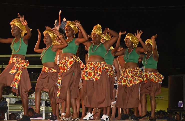 One of the several groups of African dancers that entertained the D’Urban Park gathering
at Guyana’s 51st Independence anniversary celebrations
