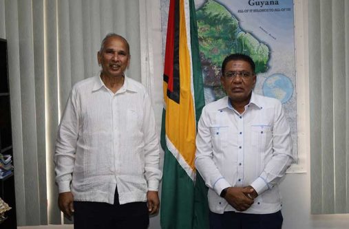 Newly elected IICA Director-General Dr. Muhammad Ibrahim on Monday paid a courtesy call on Minister of Agriculture Zulfikar Mustapha at his Regent Street office