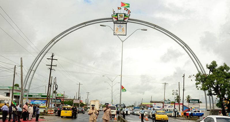 The newly constructed and erected $20M 50th Independence Anniversary Arch located at Agricola, East Bank Demerara.