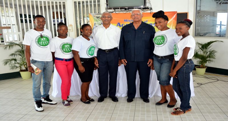President David Granger (fourth left) and Agriculture Minister Noel Holder (third right) with students of the Guyana School of Agriculture following an inter-faith service to mark the launch of Agriculture Month 2015 (Photo by Samuel Maughn)