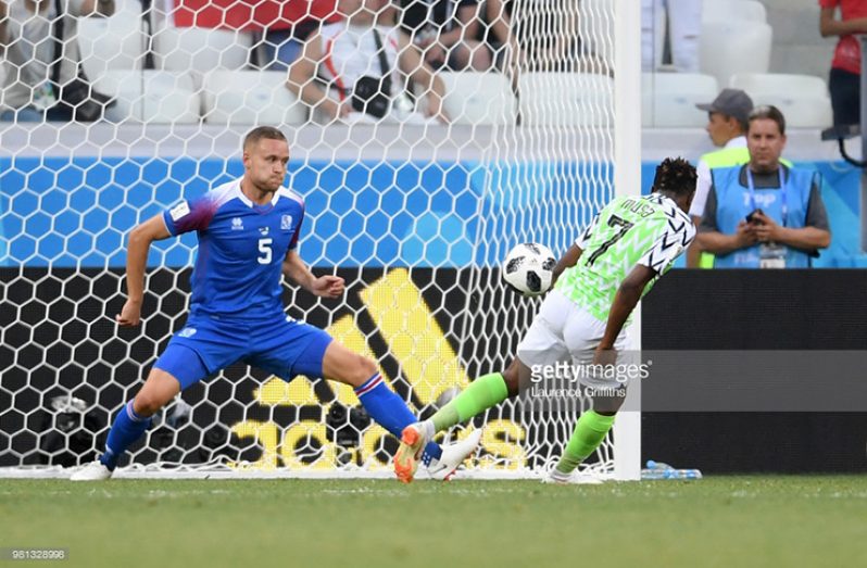 Ahmed Musa of Nigeria scores his team's second goal past Sverrir Ingason of Iceland during the 2018 FIFA World Cup Russia Group D match against Iceland at Volgograd Arena yesterday in Volgograd, Russia. (Photo by Laurence Griffiths/Getty Images)