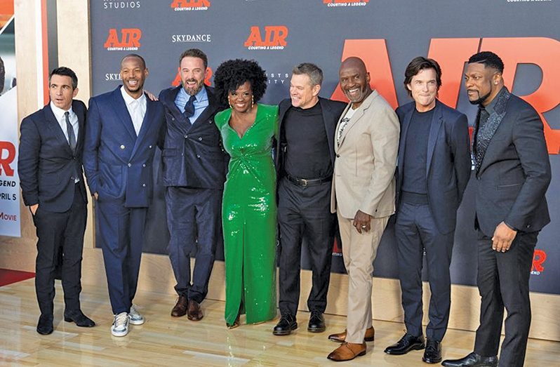 Chris Messina, Marlon Wayans, Ben Affleck, Viola Davis, Matt Damon, Julius Tennon, Jason Bateman, and Chris Tucker attend the world premiere of "AIR" at Regency Village Theatre in Los Angeles, California, U.S. on March 27, 2023 (REUTERS/Lauren Justice)