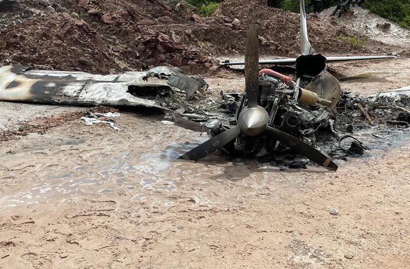 The burnt-out Cessna 206 in the Bissaruni trail (12 miles East of Kwakwani)