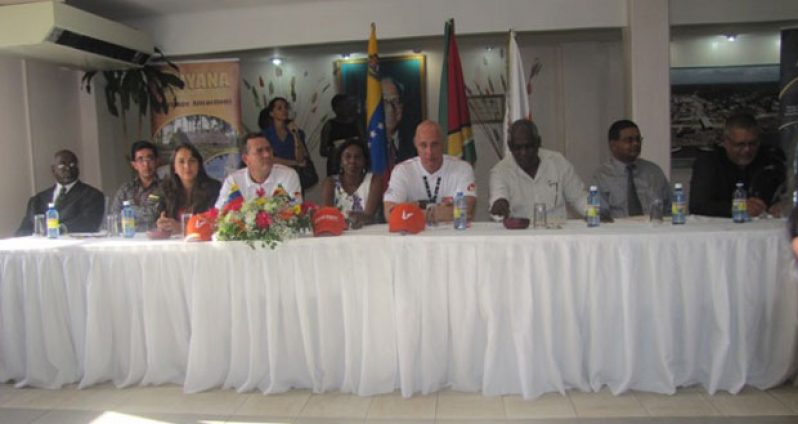 Minister of Public Works, Robeson Benn, Chief Executive Officer (CEO), Cheddi Jagan International Airport (CJIA), Ramesh Ghir and CJIA’s Chairman, Ramesh Dookhoo, Venezuelan Ambassador to Guyana, Reina Margarita Arraita Diaz, Director of the Guyana Tourism Authority (GTA) Indranauth Haralsingh, and President of Conviasa Airline, Luis Gustavo Graterol Caraballo during the welcoming ceremony for the Conviasa airline to Guyana