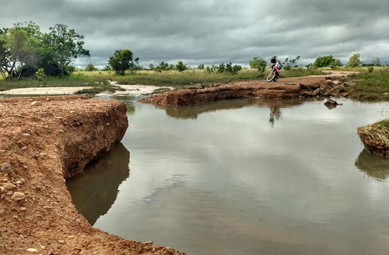 The washed away section of the roadway which connects the Deep South Rupununi village of Aishalton with the border town of Lethem. (Michael Thomas photos)