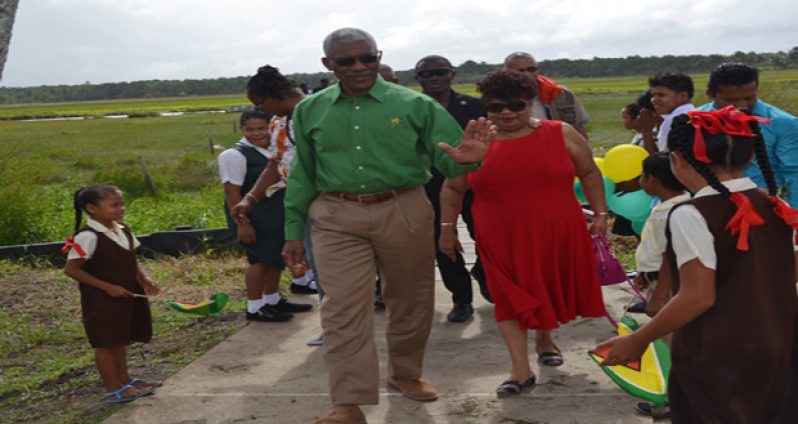 President Granger and Minister of Social Cohesion Amna Ally shortly after arriving at Akawini