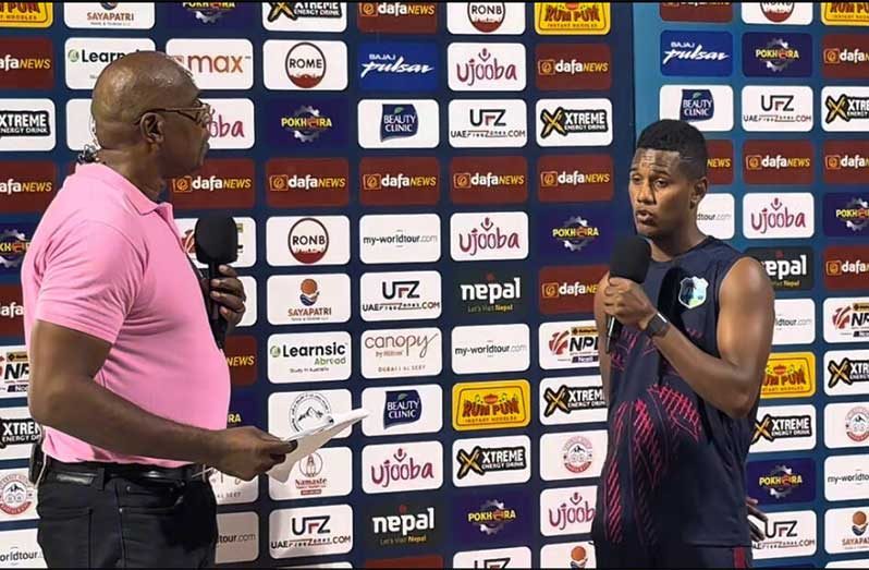 West Indies captain Akeal Hosein (right) speaking following his side’s 10-wicket win over Nepal in the third T20I on Tuesday (Photo courtesy CWI Media)