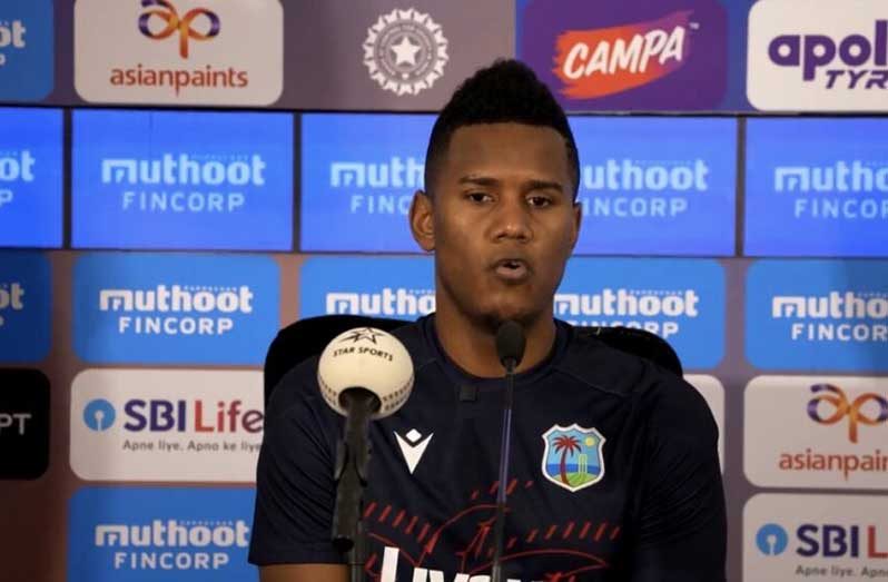 Akeal Hosein speaking during a pre-match press conference ahead of the opening T20I between West Indies and India on Tuesday