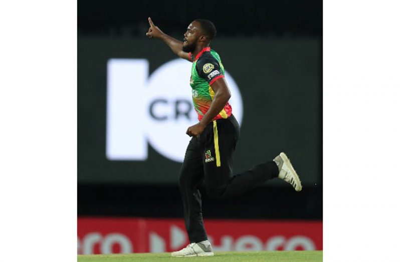 St Kitts and Nevis Patriots’ fast bowler Akeem Jordan celebrates a wicket on Sunday against St Lucia Zouks. (Photo courtesy CPL)