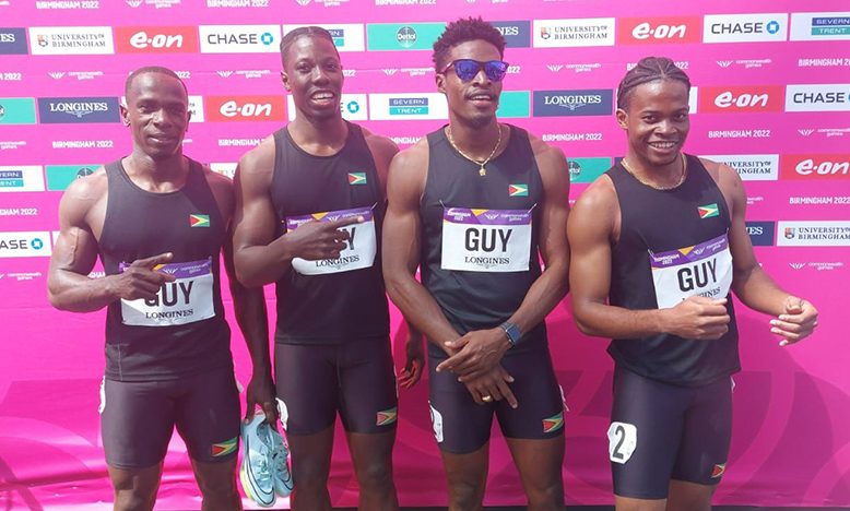Strike Force! From left, Akeem Stewart, Emanuel Archibald, Arinze Chance and Noelex Holder after qualifying for the Men’s 4x100m Relay Finals