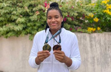 Olympian Aleka Persaud with her medals from the Barbados invitational meet