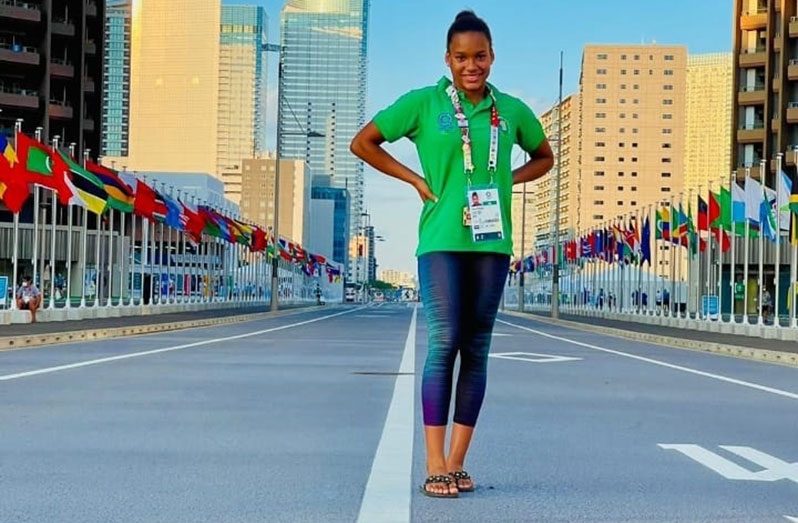 Aleka Persaud having a light moment in the Tokyo Olympics Athletes Village