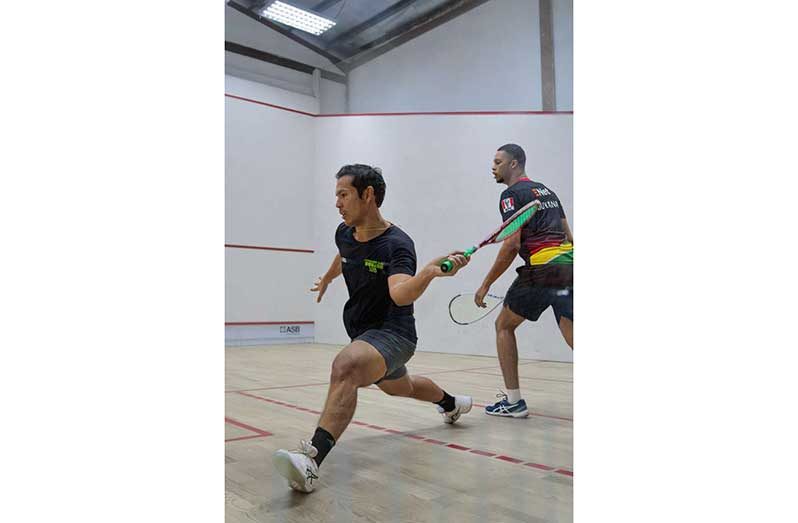 Alex Arjoon plays a forehand shot in his win against Nicholas Verway on Friday night at the NRC