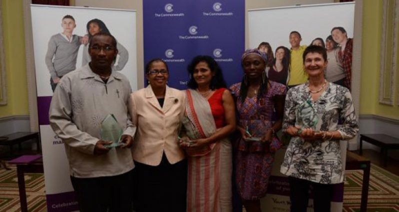 In photo, from left, are Commonwealth Youth Worker Award Caribbean regional winner Alex Foster; Commonwealth Deputy Secretary-General Mmasekgoa Masire-Mwamba; Asia regional winner PriyadharshanieAriyaratne; Africa regional winner Nelly ShellaTchaptcheutYonga; and Pacific regional winner Joanne Dorres.