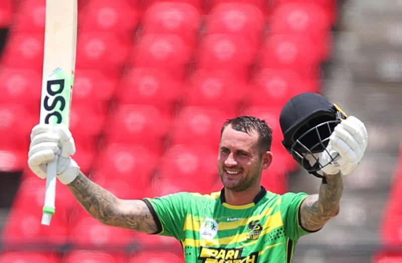 Tallawahs batter Alex Hales celebrates his superb century against St. Lucia Kings at the Providence Stadium.CPLT20