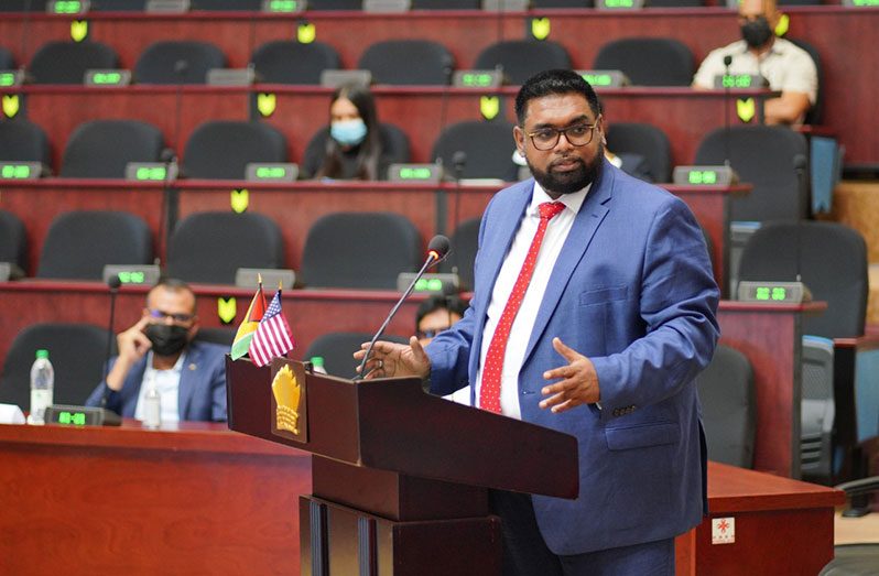 President, Dr. Irfaan Ali, addresses the new executive committee of AmCham and other stakeholders at the Arthur Chung Conference Centre, on Wednesday