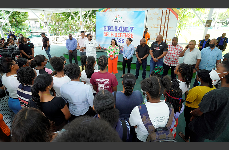 President, Dr Irfaan Ali; First Lady, Mrs Arya Ali; Minister of Culture, Youth and Sport, Charles Ramson; Minister within the Ministry of Housing and Water, Susan Rodrigues and other officials engaging the girls who are enrolled in the new Girls-Only Self-Defence Class (Office of the President photo)