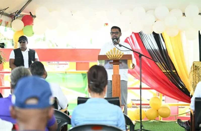 President Dr Irfaan Ali addresses the gathering during the commissioning ceremony of the $553 million Bartica Stelling