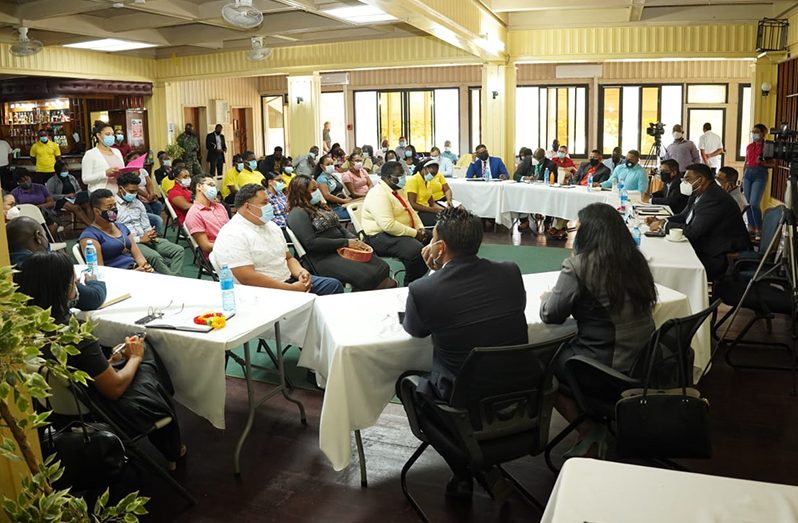 President Dr. Irfaan Ali and government officials engaging with various Region 10 youth groups on Thursday (Office of the President photo)