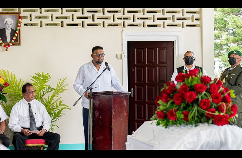President, Dr. Irfaan Ali, addresses persons at the funeral of the late Justice Cecil Claude Kennard
