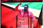 President Dr Irfaan Ali addressing a massive gathering of PPP/C supporters in Linden on Sunday (Delano Williams photos)