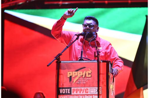 President Dr Irfaan Ali addressing a massive gathering of PPP/C supporters in Linden on Sunday (Delano Williams photos)