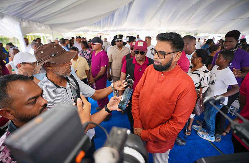 President, Dr. Irfaan Ali speaking with reporters on Saturday (Office of the President photo)