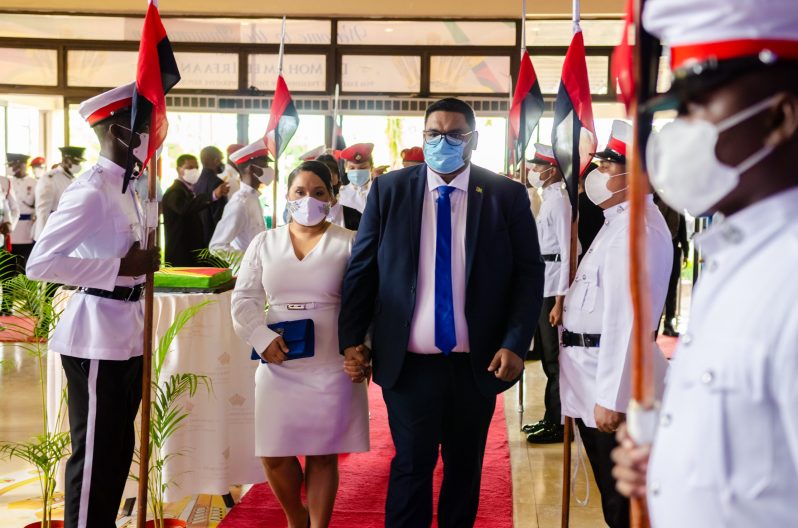 President Irfaan Ali and First Lady Arya Ali being escorted into the NCC