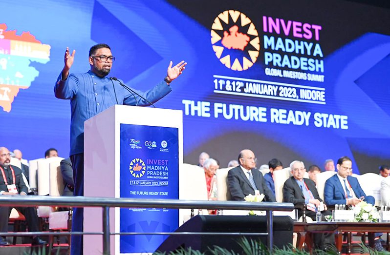 President, Dr. Mohamed Irfaan Ali addressing the Global Investors Summit (DPI photo)
