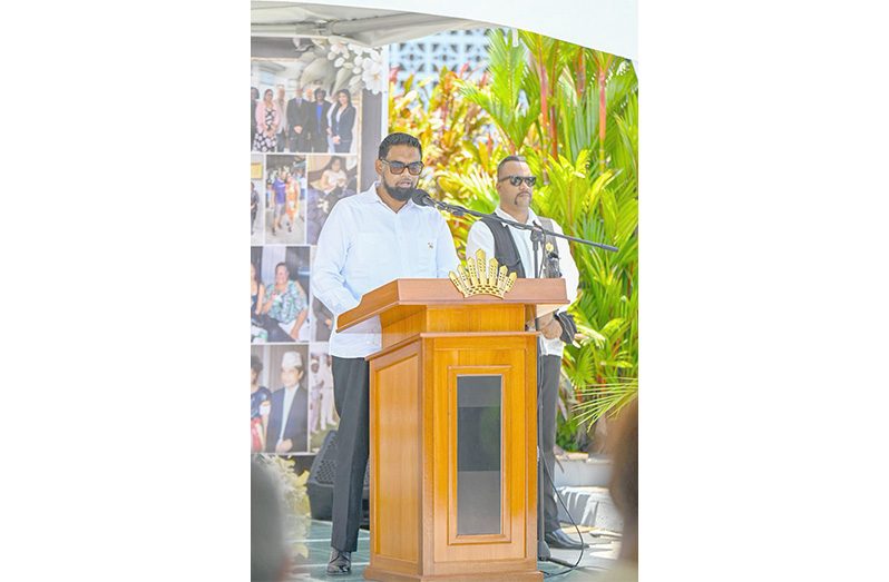 At her homegoing service, which was held at the Arthur Chung Conference Centre, President Dr. Irfaan Ali led the nation in paying tribute (Ashni Singh/Facebook)