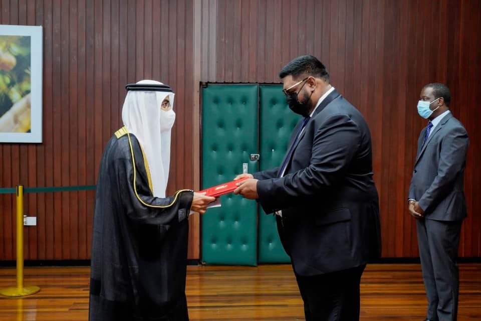 President, Dr. Irfaan Ali, on Tuesday, accepted the Letters of Credence from Non-Resident Ambassador of the United Arab Emirates (UAE) to Guyana, Saleh Ahmad Salem Alzaraim Alsuwaidi (Office of the President photo)