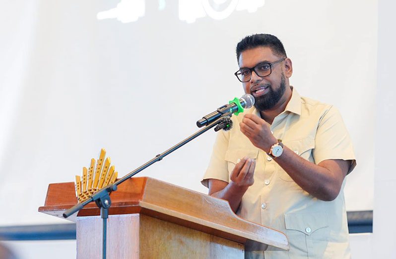 President Dr. Irfaan Ali addressing the Local Content Summit (Delano Williams photo)