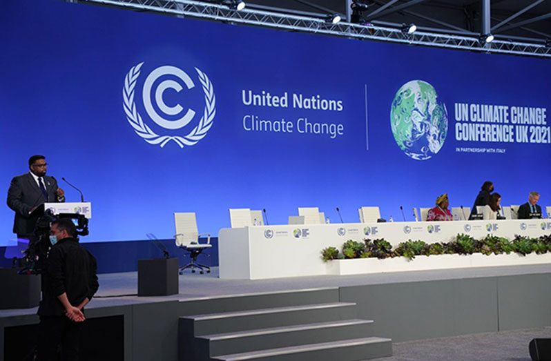 In his address to the COP26 climate summit on Tuesday, President, Dr. Irfaan Ali called for more ambitious goals to reduce carbon emissions; for the international community to honour its pledge of US$100B annually for climate action; and for the incentivising of countries with large forests to reduce deforestation and forest degradation