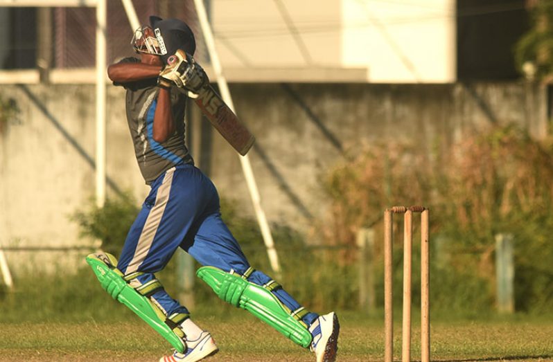 Ronaldo Ali-Mohamed on the attack during his unbeaten knock yesterday. (Adrian Narine photo)