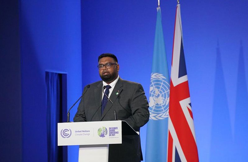 President Dr. Irfaan Ali delivering his address at the 26th United Nations Climate Change Conference of the Parties (COP26) in Glasglow, Scotland on Tuesday