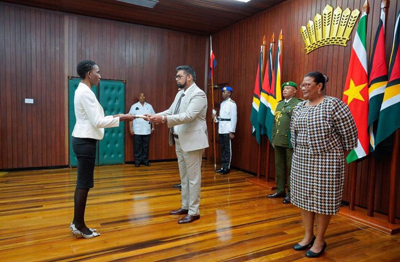 President Dr. Irfaan Ali accepts the Letters of Credence from the Ambassador of the Republic of Suriname to Guyana Liselle Blankendal, in the presence of Permanent Secretary in the Ministry of Foreign Affairs, Elisabeth Harper (Office of the President photo)