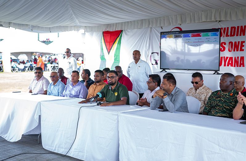 President Dr Irfaan Ali and other officials during a press conference at the Leonora Track and Field Centre on Friday (Delano Williams photo)