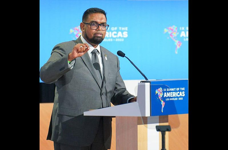 President, Dr Irfaan Ali as he made his presentation during Plenary Session Two at the Ninth Summit of the Americas in Los Angeles, California