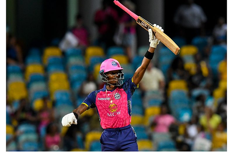 Alick Athanaze of Barbados Royals celebrates his half century during the Men's 2023 Republic Bank Caribbean Premier League match 14 between Barbados Royals and Jamaica Tallawahs at Kensington Oval on August 31, 2023 in Bridgetown, Barbados (Photo by Randy)