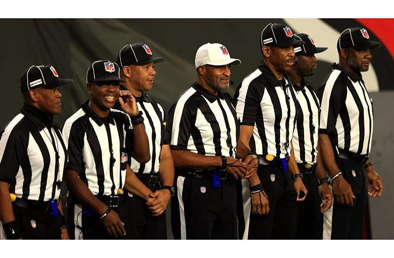 The first all-Black officiating crew works Monday's football game between Tampa Bay Buccaneers and Los Angeles Rams at Raymond James Stadium in Tampa, Florida. (Photo: Mike Ehrmann/Getty Images)