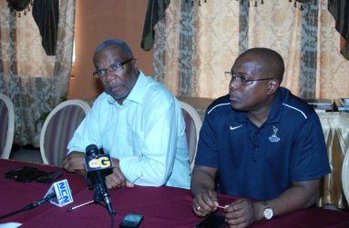 Alpha United president Odinga Lumumba and Steve Ninvalle addressing the local media at yesterday’s Press Conference. (Cullen Bess-Nelson photo)
