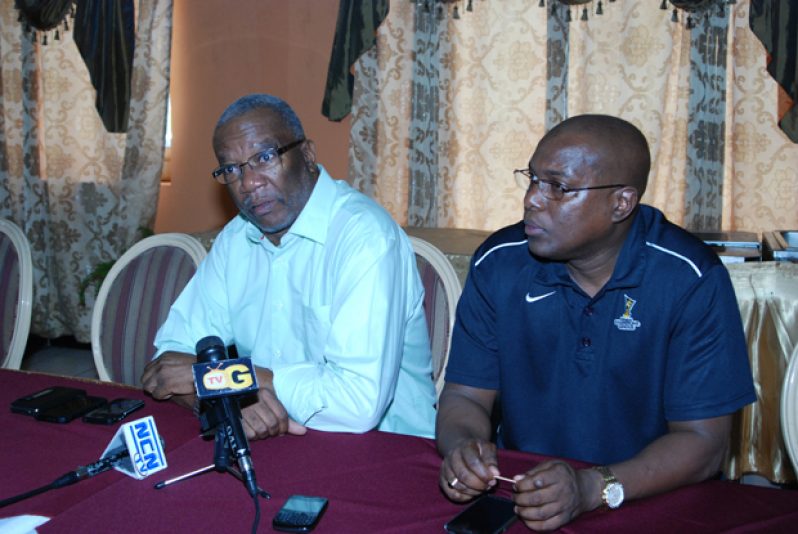 Alpha United president Odinga Lumumba and Steve Ninvalle addressing the local media at yesterday’s Press Conference. (Cullen Bess-Nelson photo)