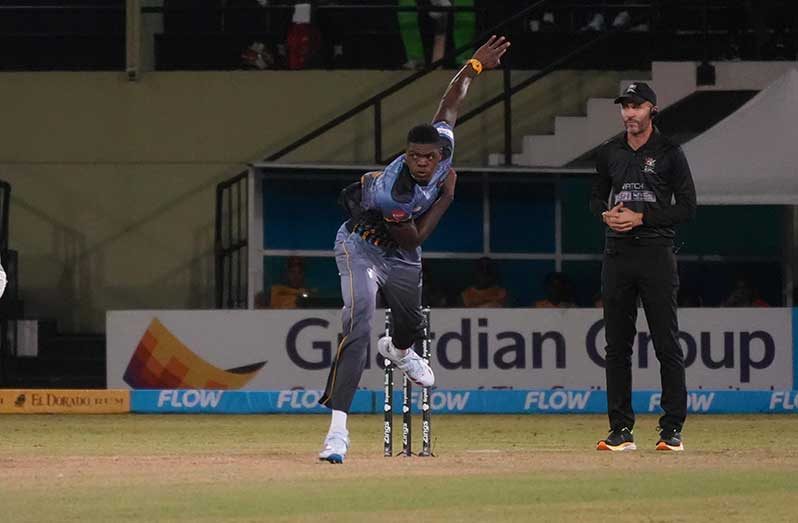 Alzarri Joseph at times clocked 145 km and picked up 4-41 to help the Falcons (Sachin Persaud photos)