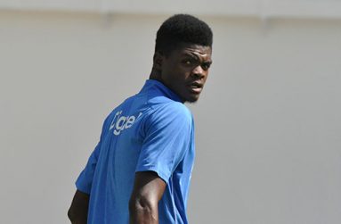 Fast bowler Alzarri Joseph at the Michael Holding End during training. (Photo credit: WICB Media/Philip Spooner)