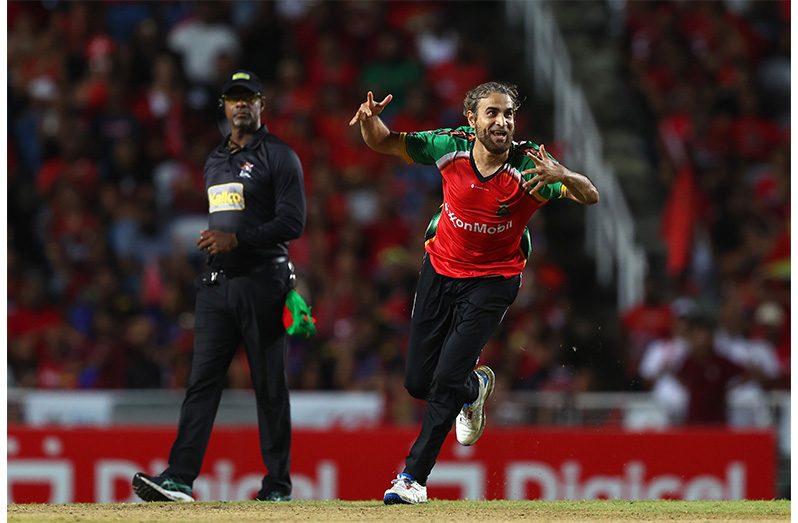 Imran Tahir of Guyana Amazon Warriors celebrates getting the wicket of Alex Hales of Trinbago Knight Riders during the Men's 2025 Republic Bank Caribbean Premier League match between Trinbago Knight Riders v Guyana Amazon Warriors at Brian Lara Cricket Academy on August 30, 2025 in Tarouba, Trinidad And Tobago. (Photo by Ashley Allen - CPL T20/Getty Images)