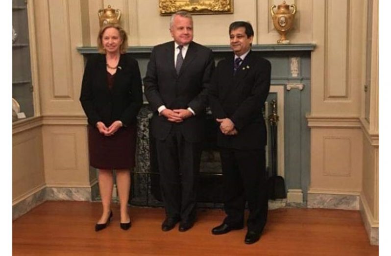 New US ambassador to Guyana, Her Excellency Sarah-Ann Lynch, stands alongside a US state official and Guyana's Ambassador to the US, Dr Riyad Insanally. (Guyana Embassy photo)