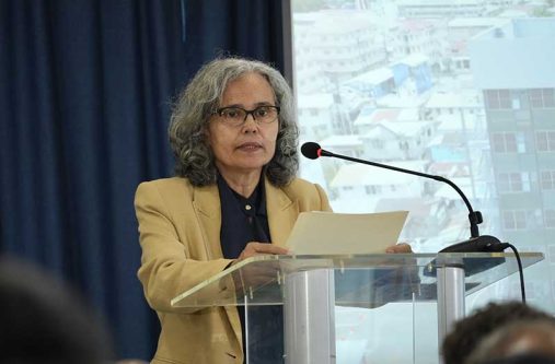 Brazilian Ambassador to Guyana, Maria Cristina de Castro Martins, speaking at the World Trade Centre Georgetown’s International Trade and Investment Conference on Monday (Sachin Persaud photo)