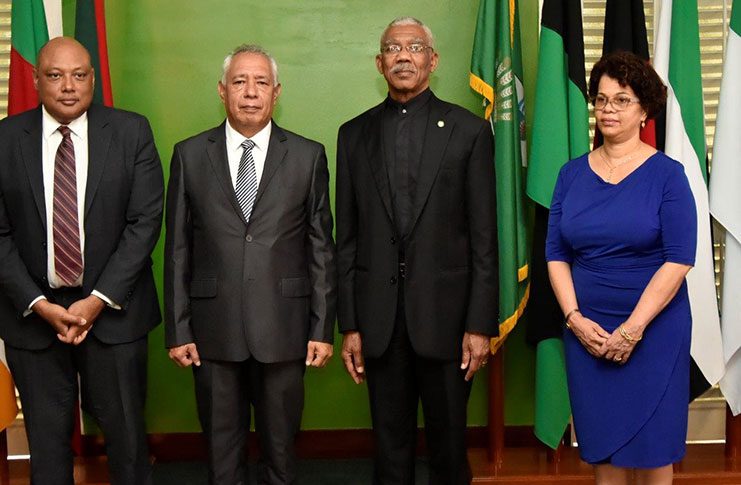 From left: Acting Minister of State, Mr Raphael Trotman; Ambassador of the Plurinational State of Bolivia to Guyana, Mr. Jose Kinn Franco; President David Granger and Director-General of the Ministry of Foreign Affairs, Mrs Audrey Waddell