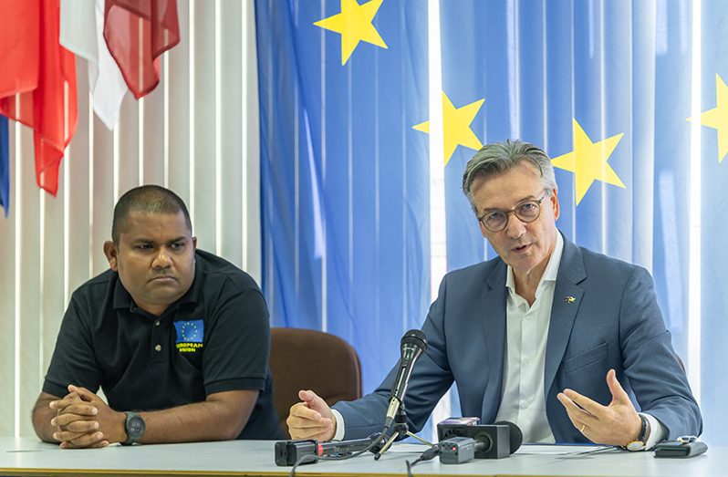 EU Ambassador to Guyana, René van Nes (right) and Javin Singh,  the EU’s Press and Information Officer